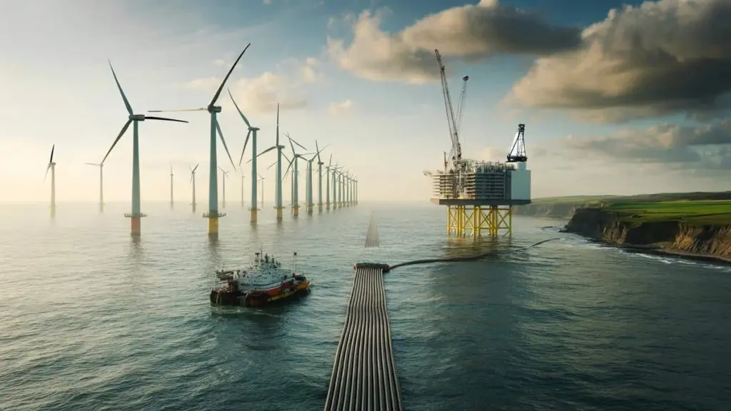 Il gigantesco parco eolico del Mare del Nord riceve il primo cavo elettrico verso la costa britannica